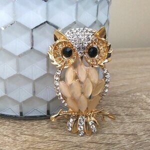 Opal and Rhinestone Owl Bird Brooch Pin with Emerald Eyes